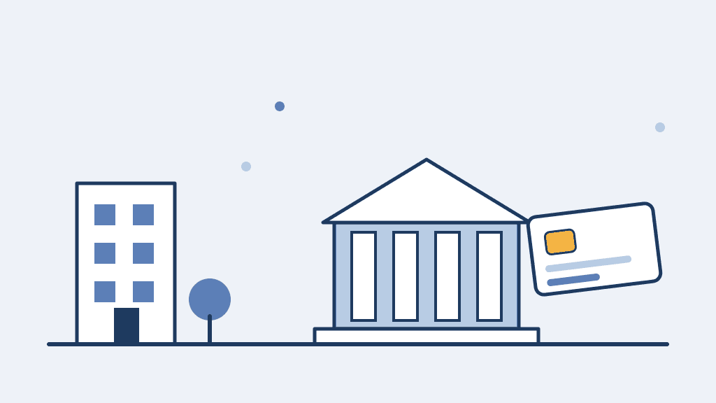 Abstrakte Illustration eines Wohngebäudes neben einem Bankgebäude mit Säulen, verbunden durch eine Kontokarte