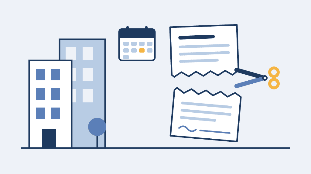 Abstrakte Illustration eines Mehrfamilienhauses mit zerschnittenem Verwaltervertrag, Schere und Kalender mit markiertem Fristtag