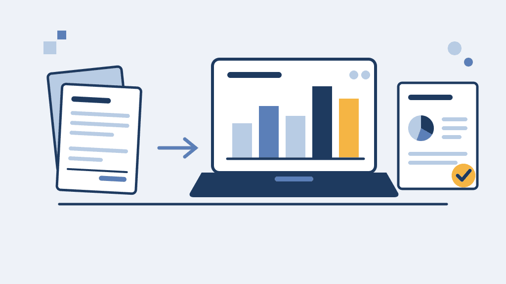 Abstrakte Illustration eines Laptops mit Balkendiagramm, Belegen und geprüfter Abrechnung mit Häkchen