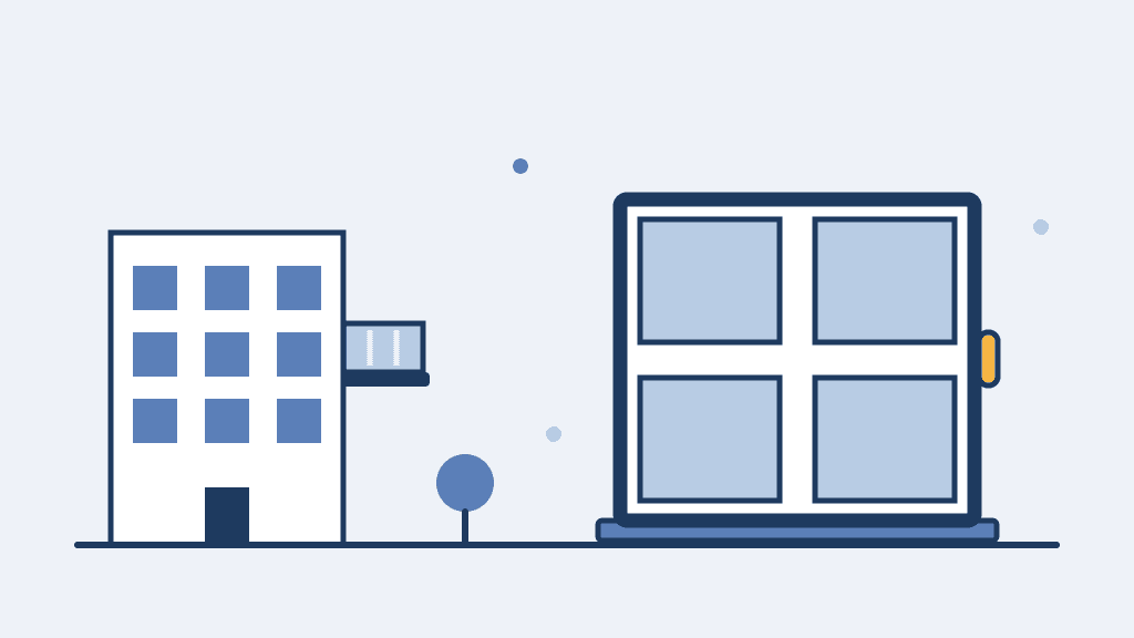 Abstrakte Illustration eines Mehrfamilienhauses mit Balkon neben einem großen Fenster mit hervorgehobenem Griff