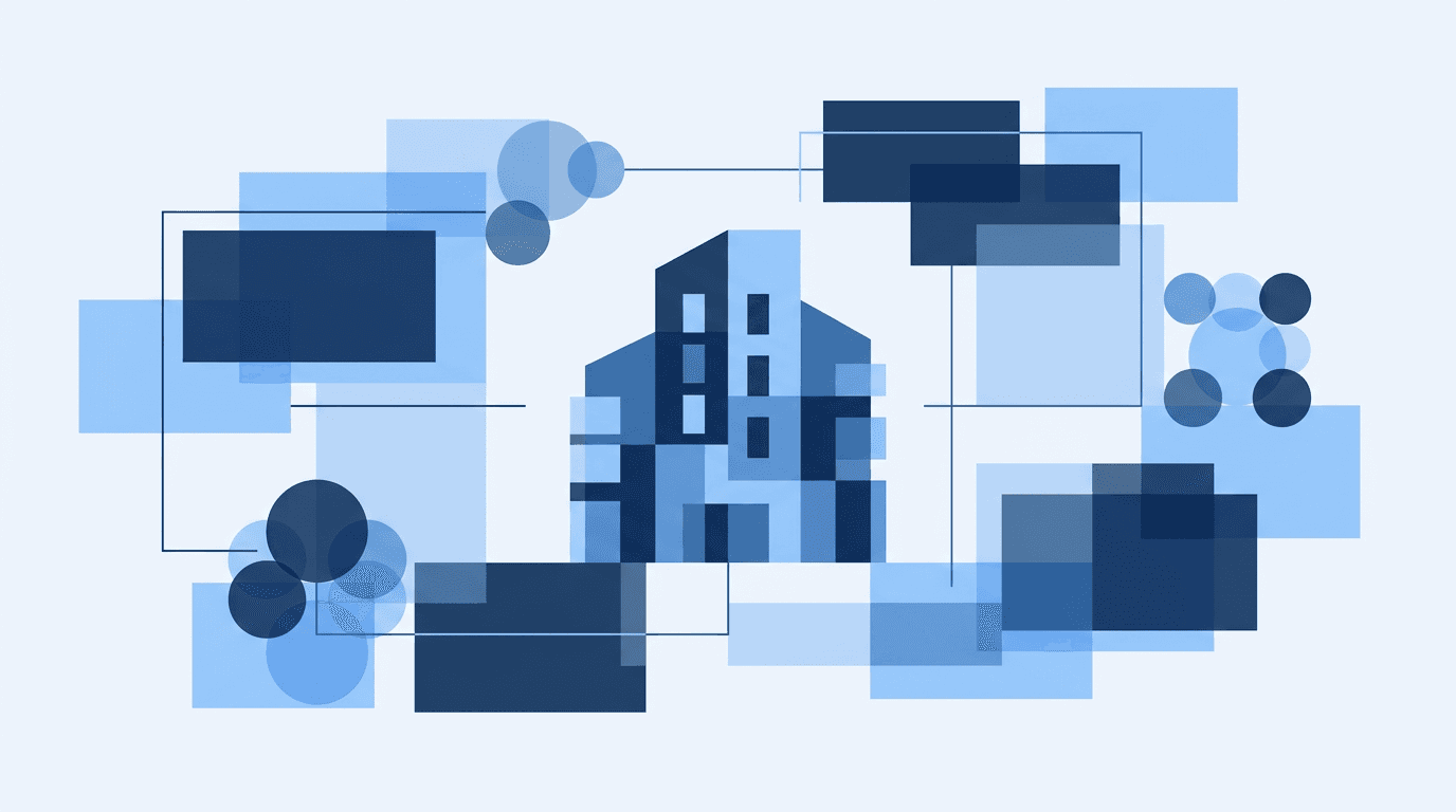 Abstrakte Illustration eines Wohngebäudes mit geometrischen Verwaltungselementen