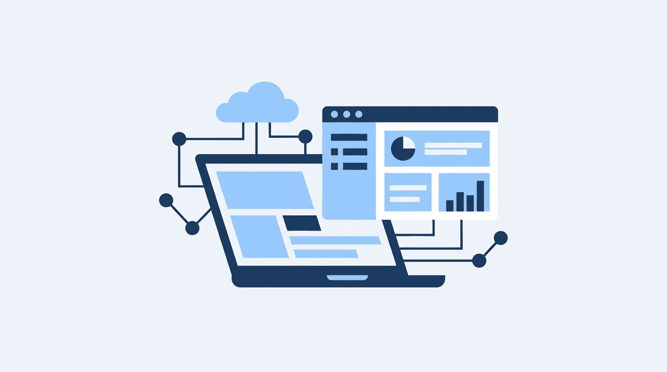 Abstrakte Illustration eines Laptops mit Dashboard und Cloud-Verbindungen
