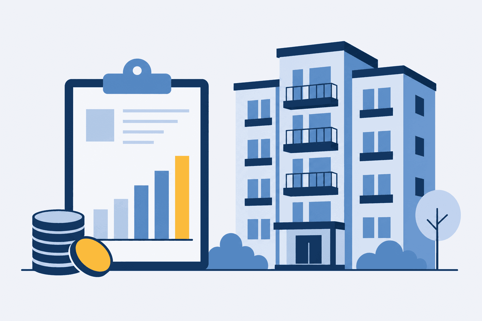 Abstrakte Illustration eines Gebäudes mit Finanzplan, Balkendiagramm und Münzen