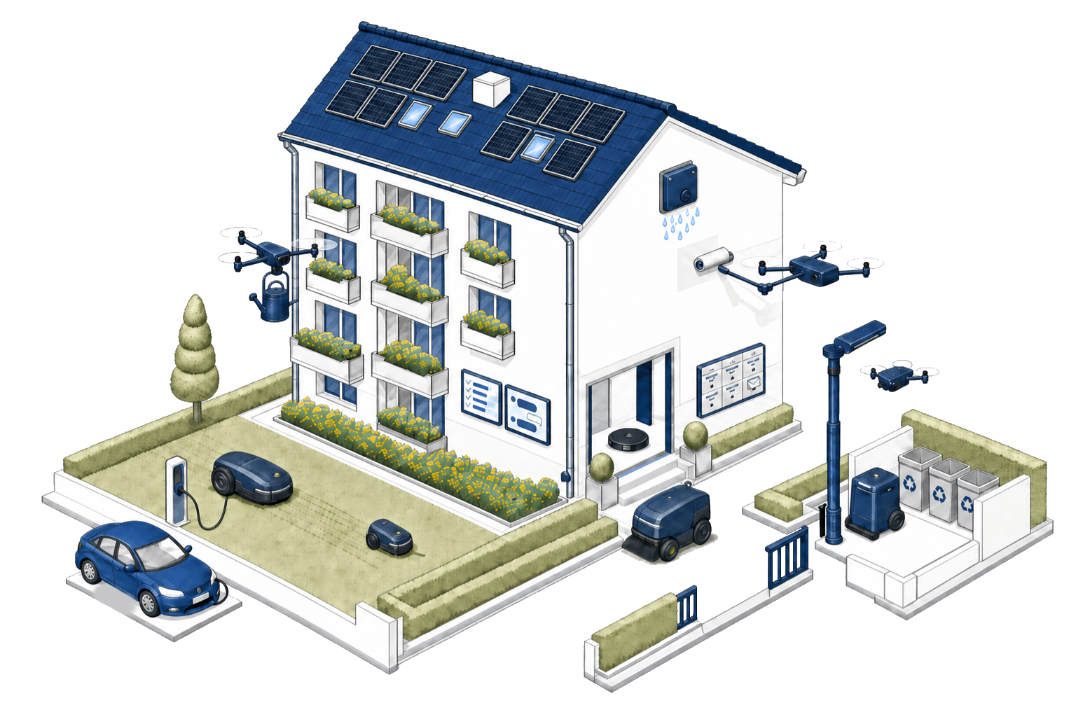 Isometrische Illustration einer WEG, die sich selbst verwaltet, mit Photovoltaik, E-Ladestation, digitalen Anzeigeboards am Eingang, Hofroboter und Müllbereich.